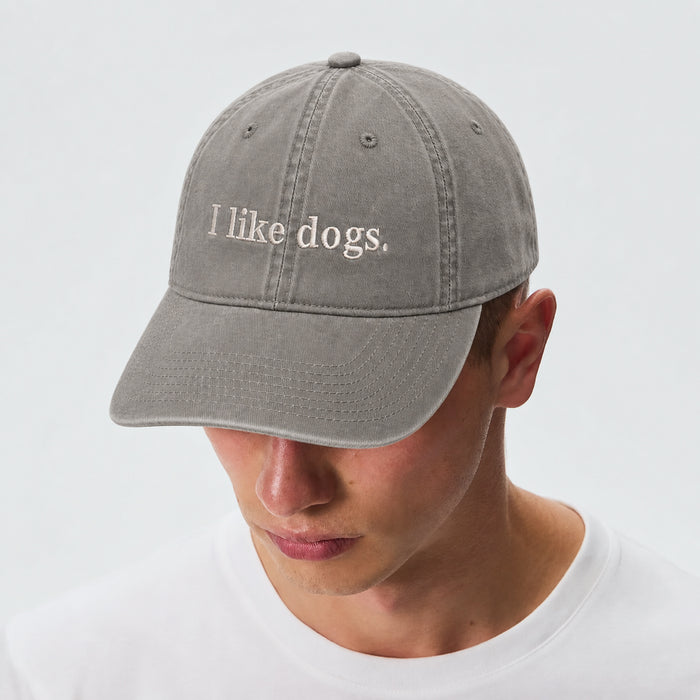 On-model, I like dogs. Faded Grey dad cap