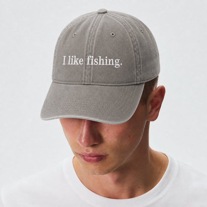 On-model, I like fishing. Faded Grey dad cap