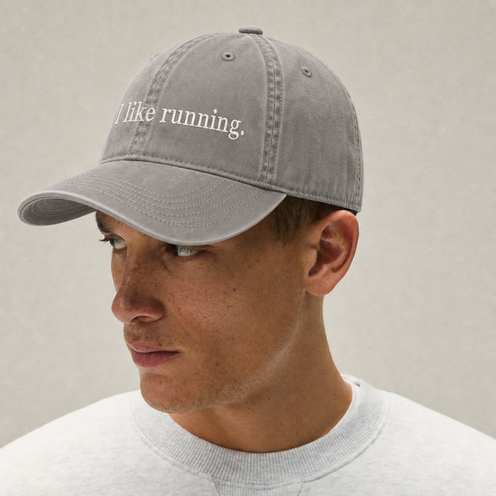On-model, I like running. Faded Grey dad cap