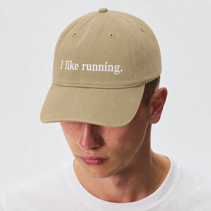 On-model, I like running. Khaki dad cap