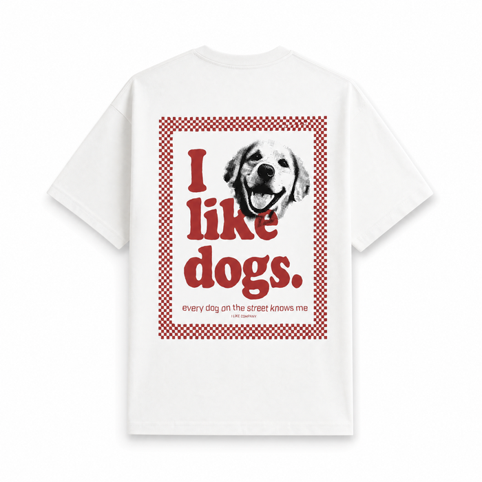 I like dogs. Happy Face tee, back print with halftone golden retriever and every dog on the street knows me